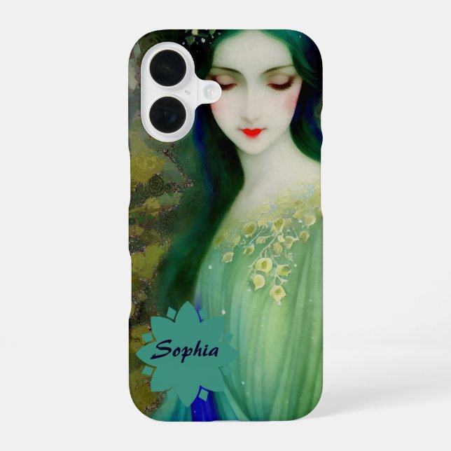 Elegant Fantasy Woman Portrait in Green and Blue iPhone 16 Case (Back)