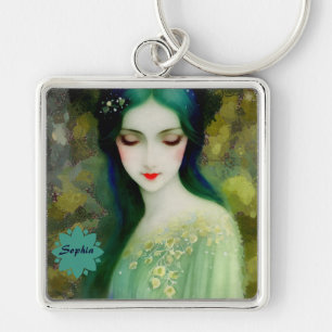 Elegant Fantasy Woman Portrait in Green and Blue Keychain