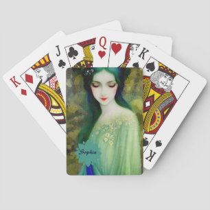 Elegant Fantasy Woman Portrait in Green and Blue Playing Cards