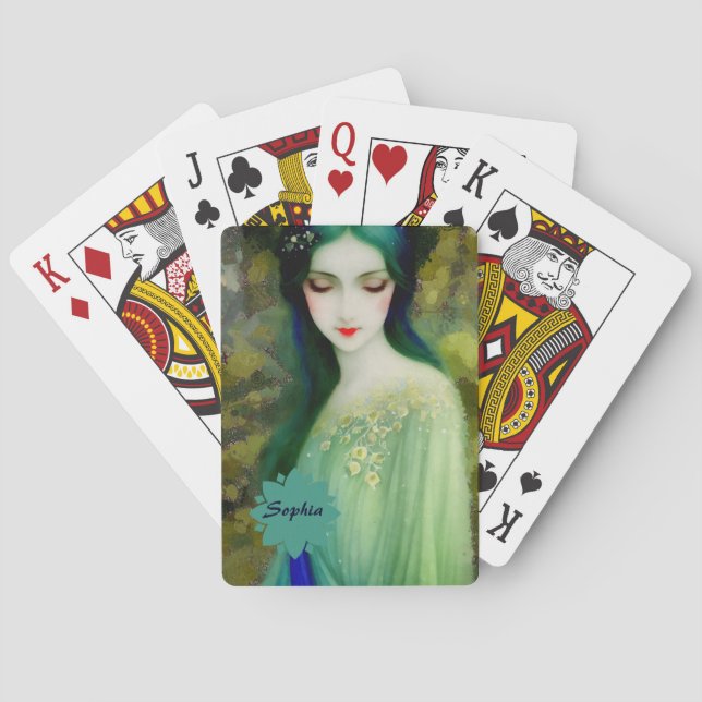 Elegant Fantasy Woman Portrait in Green and Blue Playing Cards (Back)
