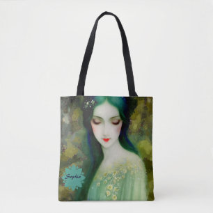 Elegant Fantasy Woman Portrait in Green and Blue Tote Bag