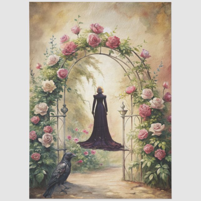 Elegant Fantasy Woman & Raven French Florals  Tissue Paper (Front)