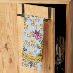 Elegant Farmhouse Bee & Honeycomb Family Name Kitchen Towel