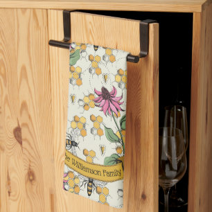Elegant Farmhouse Bee & Honeycomb Family Name Kitchen Towel
