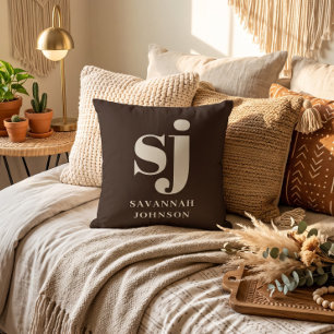 Elegant farmhouse brown monogram initials throw pillow