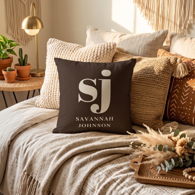 Elegant farmhouse brown monogram initials  throw pillow (Creator Uploaded)