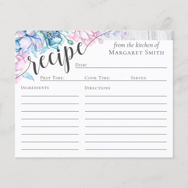 Elegant Farmhouse Floral Personalized Recipe Card (Front)