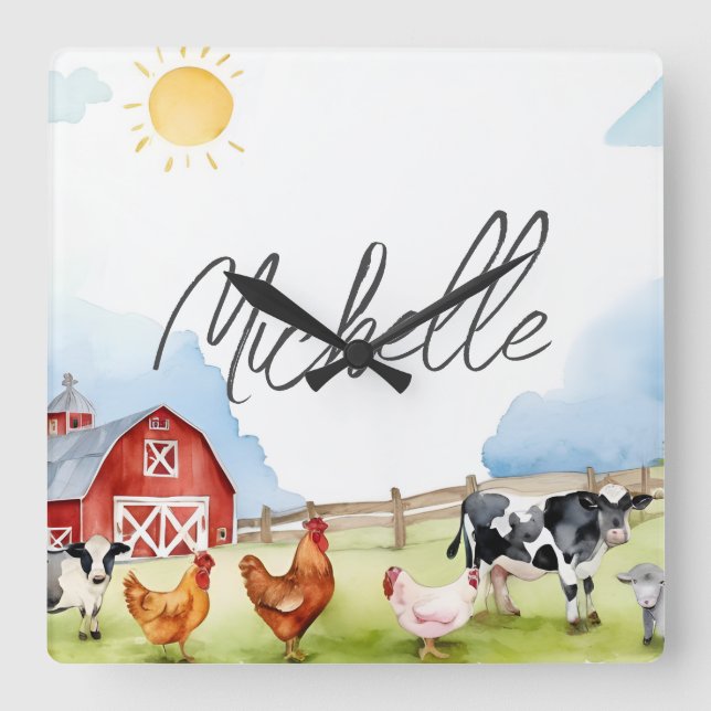 Elegant Farmhouse Red Barnyard Farm Animal  Custom Square Wall Clock (Front)