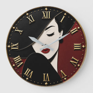 Elegant Fashion Lady Art Deco Black Gold Portrait Large Clock