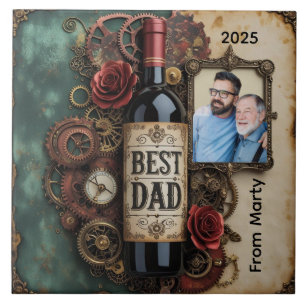 Elegant Father’s Day Steampunk Bottle and Gears Tile