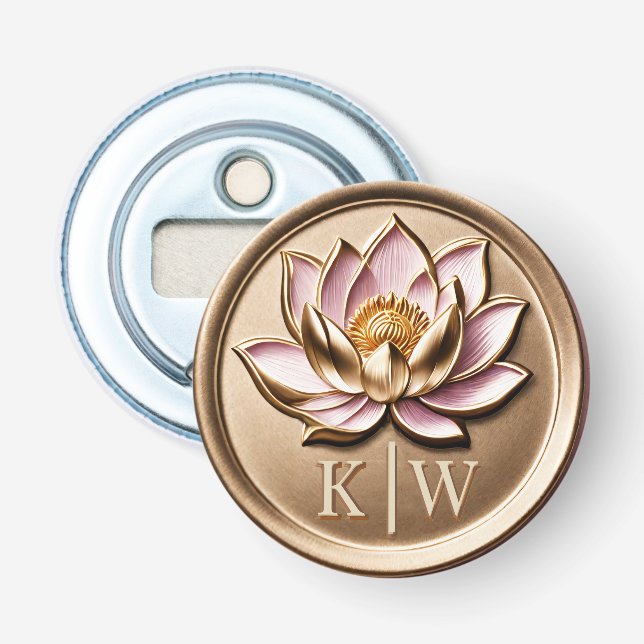 Elegant Faux 3D Gilded Pink Lotus Gold Monogram Bottle Opener (Front)
