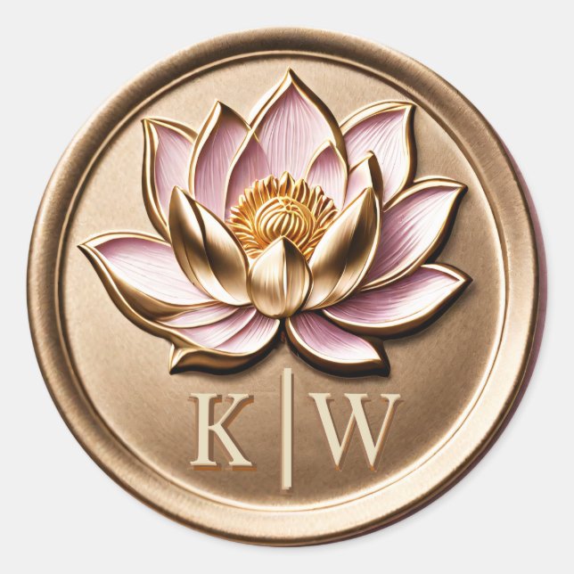 Elegant Faux 3D Gilded Pink Lotus Gold Monogram Classic Round Sticker (Front)