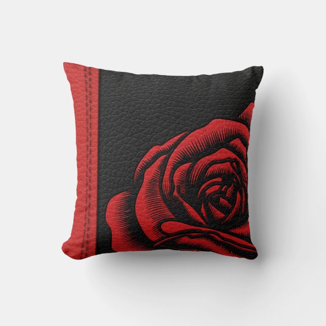 Elegant Faux Black Red Leather Rose Throw Pillow (Front)