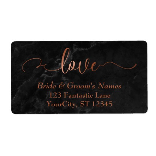 Elegant Faux Copper Foil, Black Marble Love Script Shipping Label