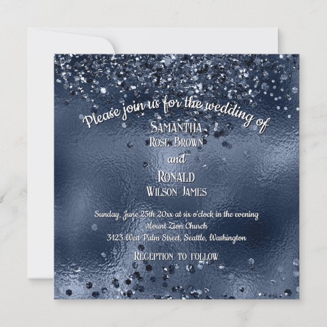 Elegant Faux Dark Blue Glitter and Foil Wedding Invitation (Front)