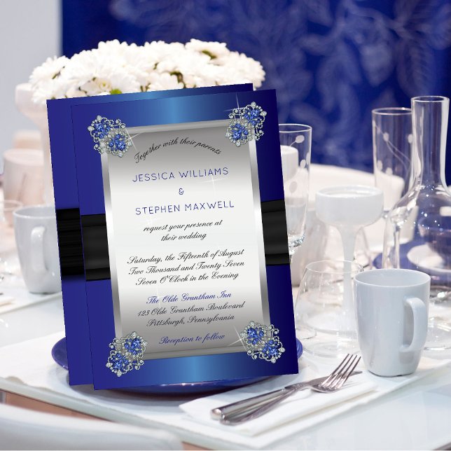Elegant Faux Diamonds Sapphire Clasps Blue Wedding Invitation (Creator Uploaded)