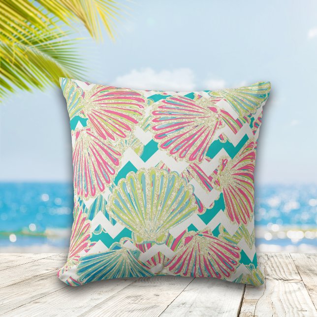 Elegant Faux Glitter Seashells on Chevrons Throw Pillow (Creator Uploaded)