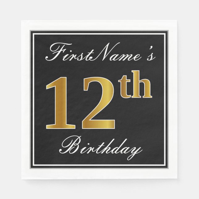 Elegant, Faux Gold 12th Birthday + Custom Name Napkin (Front)