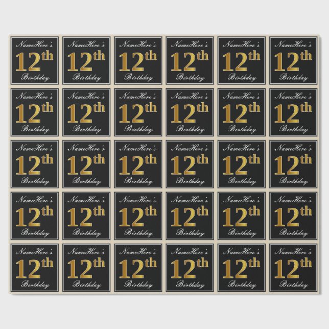 Elegant, Faux Gold 12th Birthday + Custom Name Wrapping Paper (Flat)