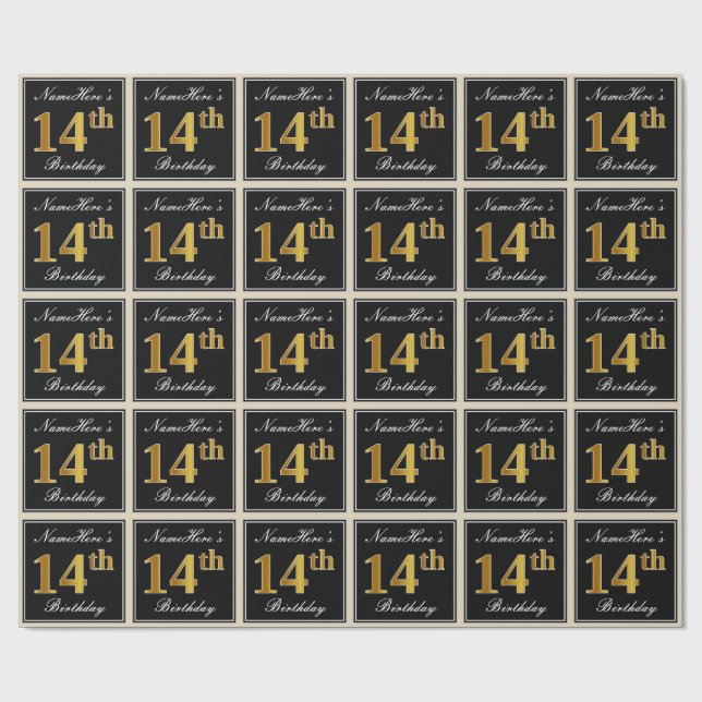 Elegant, Faux Gold 14th Birthday + Custom Name Wrapping Paper (Flat)