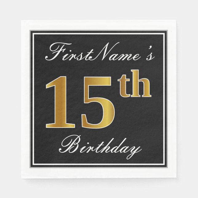 Elegant, Faux Gold 15th Birthday + Custom Name Napkin (Front)