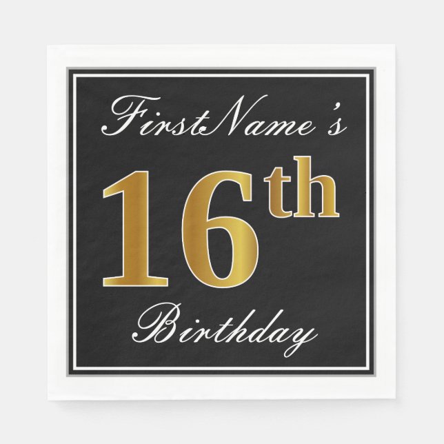 Elegant, Faux Gold 16th Birthday + Custom Name Napkin (Front)