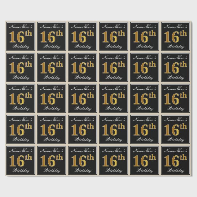 Elegant, Faux Gold 16th Birthday + Custom Name Wrapping Paper (Flat)