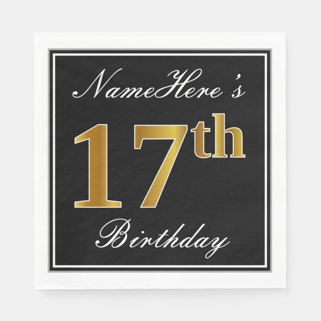Elegant, Faux Gold 17th Birthday + Custom Name Napkin (Front)