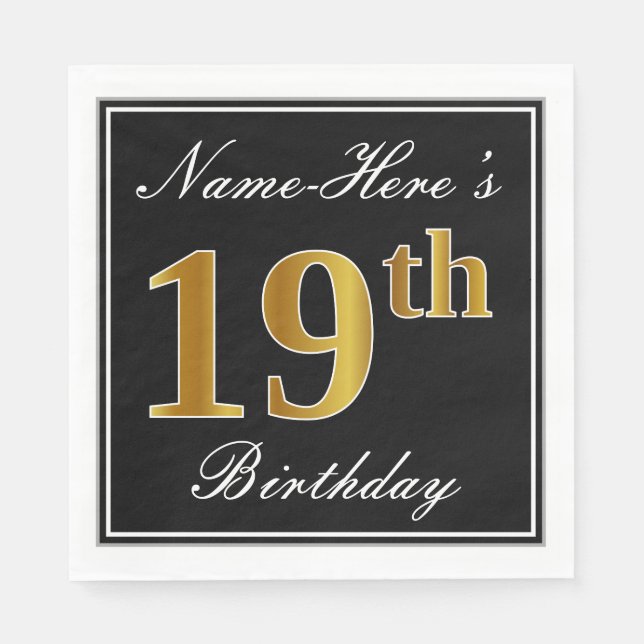 Elegant, Faux Gold 19th Birthday + Custom Name Napkin (Front)