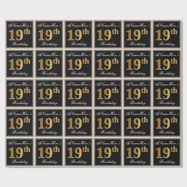 Elegant, Faux Gold 19th Birthday + Custom Name Wrapping Paper (Flat)