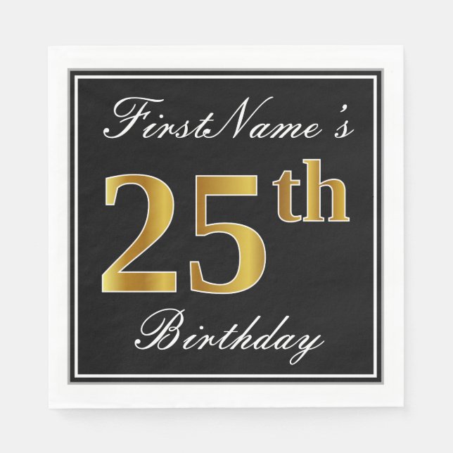Elegant, Faux Gold 25th Birthday + Custom Name Napkin (Front)