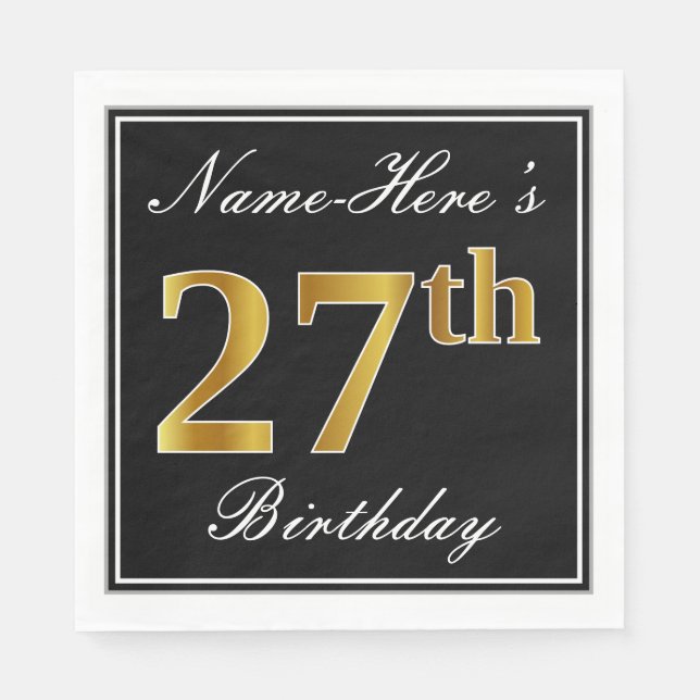 Elegant, Faux Gold 27th Birthday + Custom Name Napkin (Front)