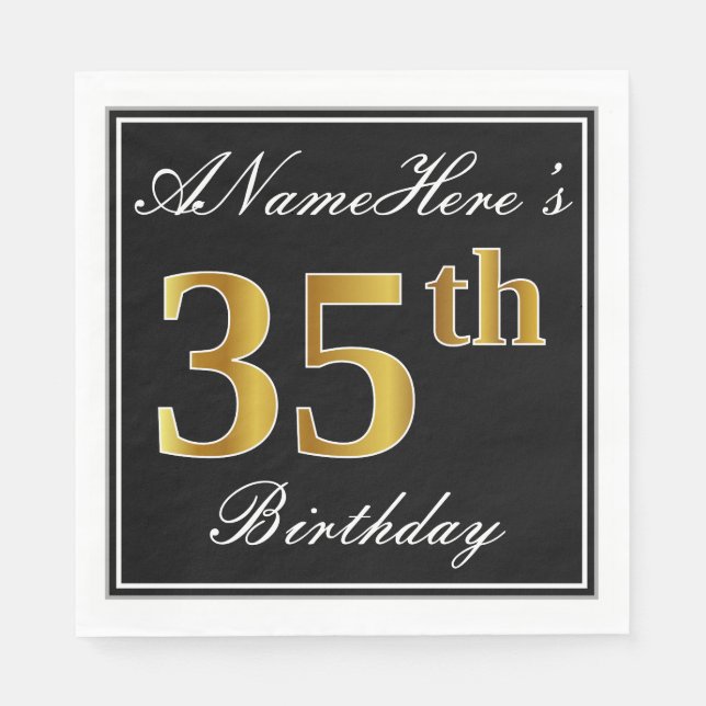 Elegant, Faux Gold 35th Birthday + Custom Name Napkin (Front)