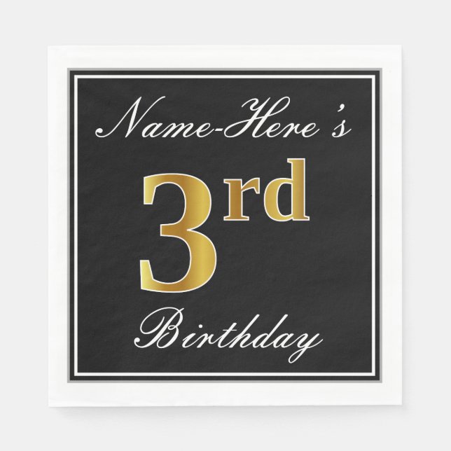 Elegant, Faux Gold 3rd Birthday + Custom Name Napkin (Front)