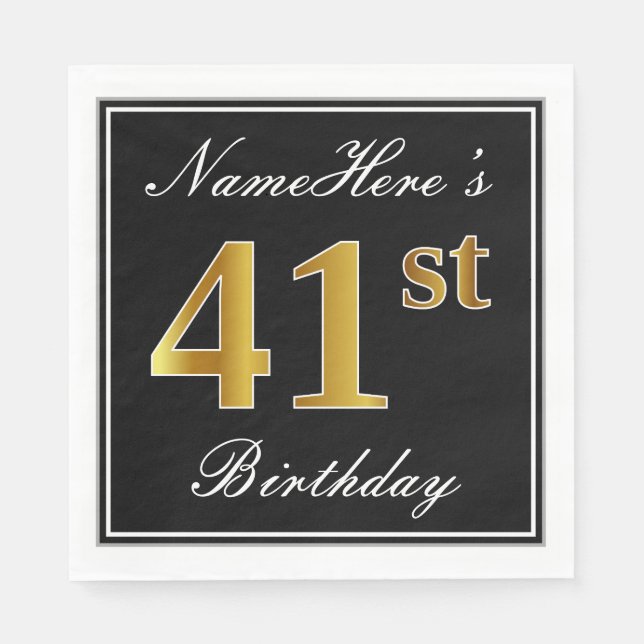 Elegant, Faux Gold 41st Birthday + Custom Name Napkin (Front)