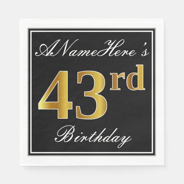 Elegant, Faux Gold 43rd Birthday + Custom Name Napkin (Front)