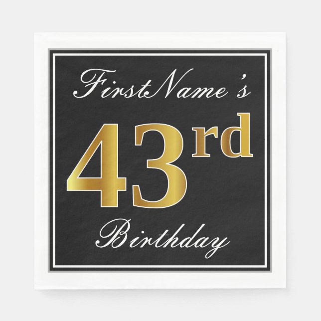 Elegant, Faux Gold 43rd Birthday + Custom Name Napkin (Front)
