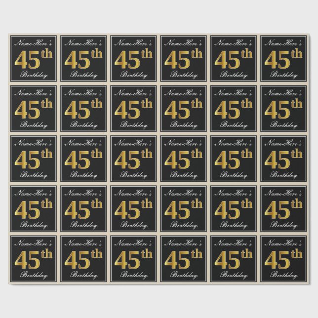 Elegant, Faux Gold 45th Birthday + Custom Name Wrapping Paper (Flat)