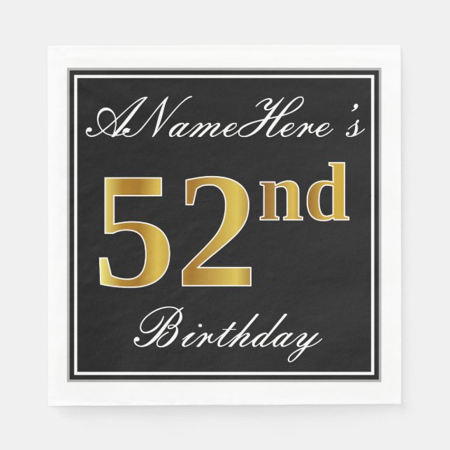 Elegant, Faux Gold 52nd Birthday + Custom Name Napkin (Front)