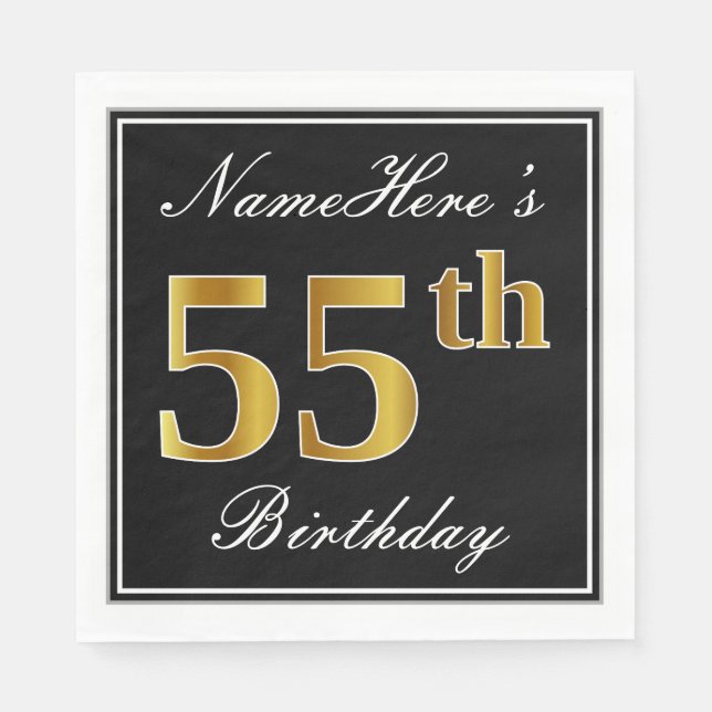 Elegant, Faux Gold 55th Birthday + Custom Name Napkin (Front)