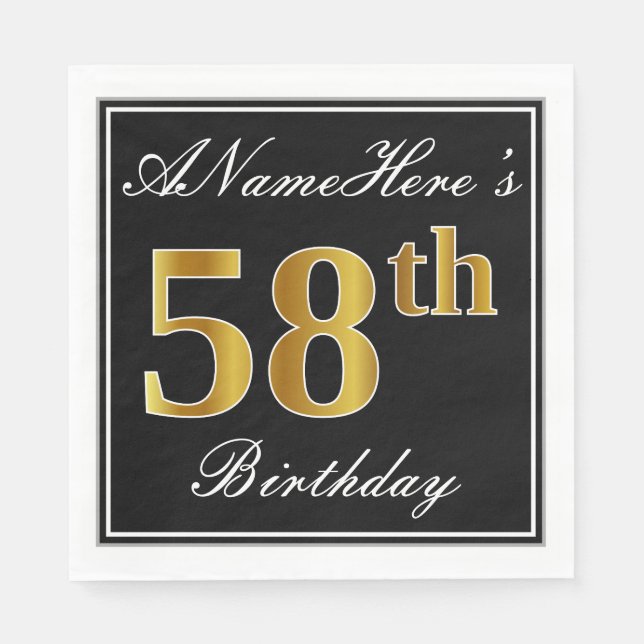 Elegant, Faux Gold 58th Birthday + Custom Name Napkin (Front)