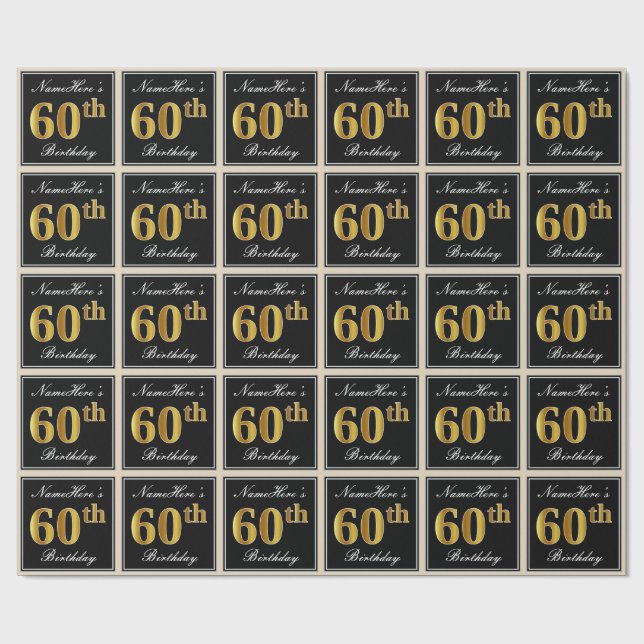 Elegant, Faux Gold 60th Birthday + Custom Name Wrapping Paper (Flat)