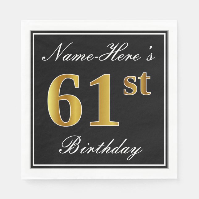 Elegant, Faux Gold 61st Birthday + Custom Name Napkin (Front)