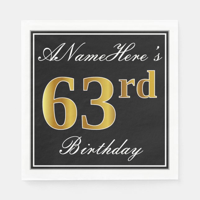 Elegant, Faux Gold 63rd Birthday + Custom Name Napkin (Front)