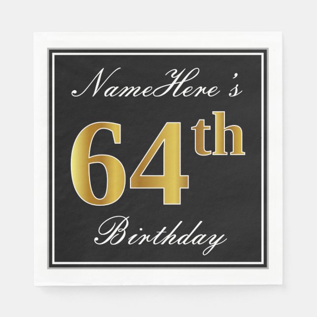 Elegant, Faux Gold 64th Birthday + Custom Name Napkin (Front)