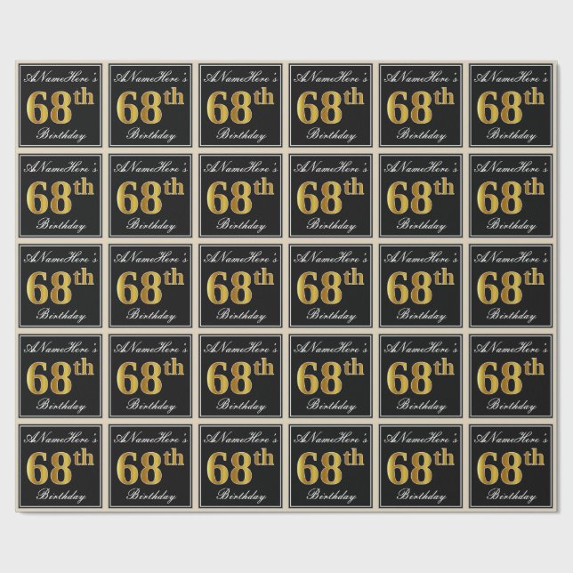 Elegant, Faux Gold 68th Birthday + Custom Name Wrapping Paper (Flat)