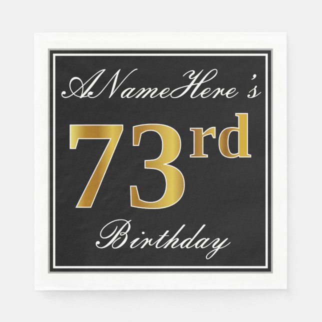 Elegant, Faux Gold 73rd Birthday + Custom Name Napkin (Front)