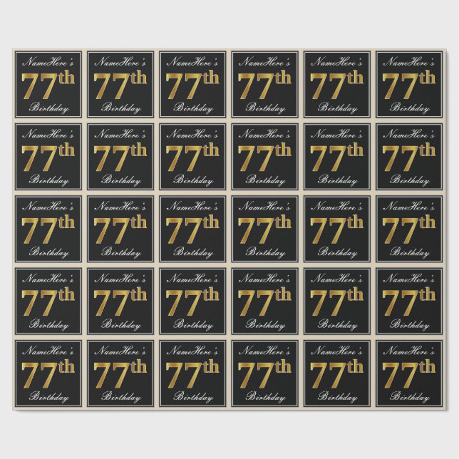 Elegant, Faux Gold 77th Birthday + Custom Name Wrapping Paper (Flat)