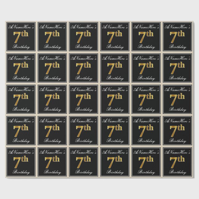 Elegant, Faux Gold 7th Birthday + Custom Name Wrapping Paper (Flat)