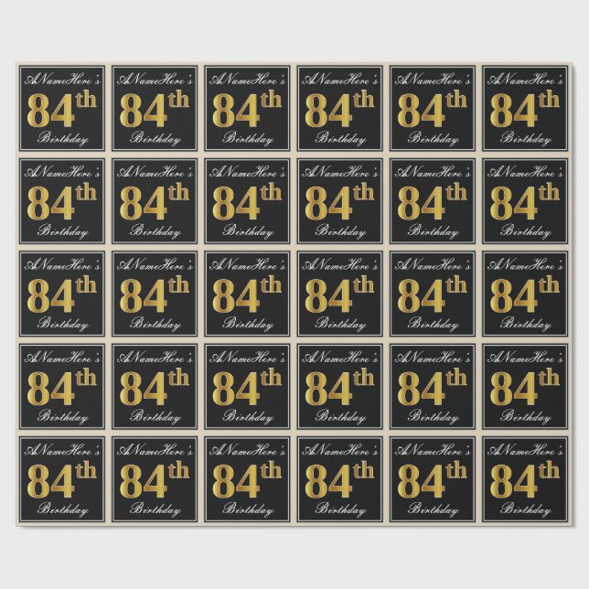 Elegant, Faux Gold 84th Birthday + Custom Name Wrapping Paper (Flat)